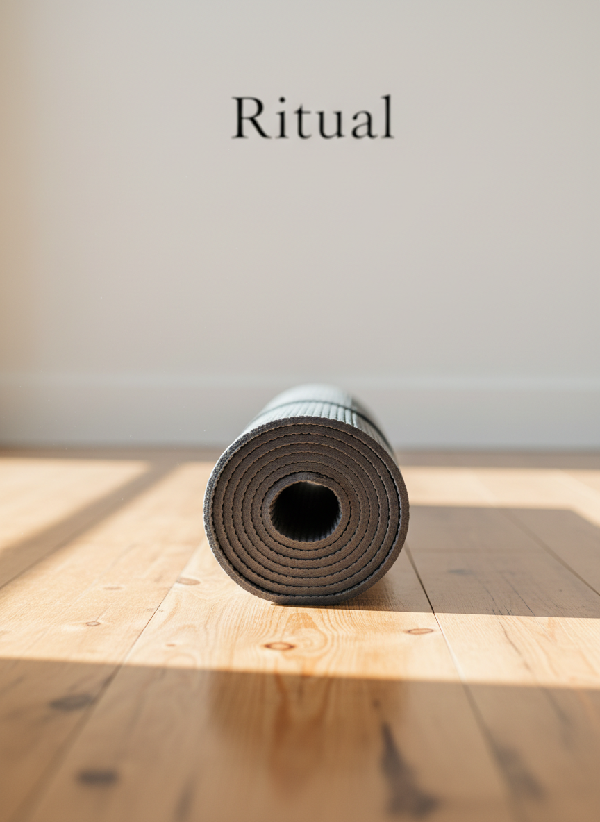 A neatly rolled slate-gray yoga mat with a subtle woven texture lies centered on warm, honey-toned wooden flooring in a minimalist Barcelona studio. Behind it, a clean white wall features a small, discreet "Ritual" logo in elegant, modern lettering. Soft late-morning daylight filters through an unseen window, casting gentle, elongated shadows across the floor and adding a calm glow to the space. The photographic realism captures every fiber of the mat and grain of the wood. Shot at eye level with a shallow depth of field, the foreground mat is in crisp focus while the background melts into a soft blur, creating a serene, professional atmosphere ideal for a yoga and pilates school homepage.