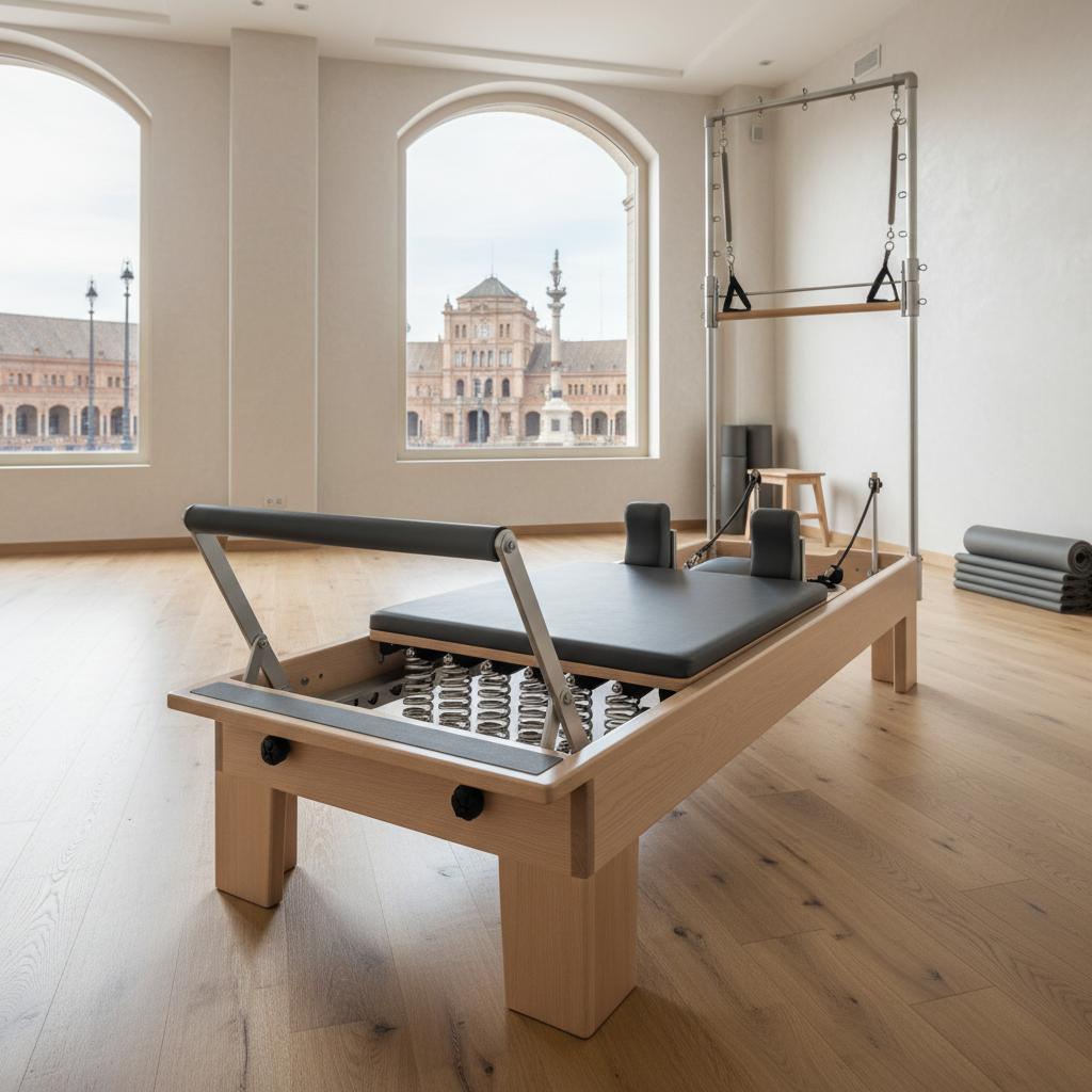 An immaculate pilates reformer crafted from pale, varnished wood and brushed metal stands diagonally in a spacious studio near Plaza España. Thick graphite-colored padding, polished ropes, and precisely aligned springs exhibit a sense of quality and care. The room features smooth, light oak flooring and a neutral, off-white wall with a hint of textured plaster. Natural, diffused afternoon light from a large, unseen window bathes the reformer, creating soft highlights along the metal rails and gentle shadows beneath. Captured in photographic realism from a slightly elevated three-quarter angle, the composition uses the rule of thirds to emphasize the reformer while leaving negative space, conveying a professional, organized, and inviting training environment.